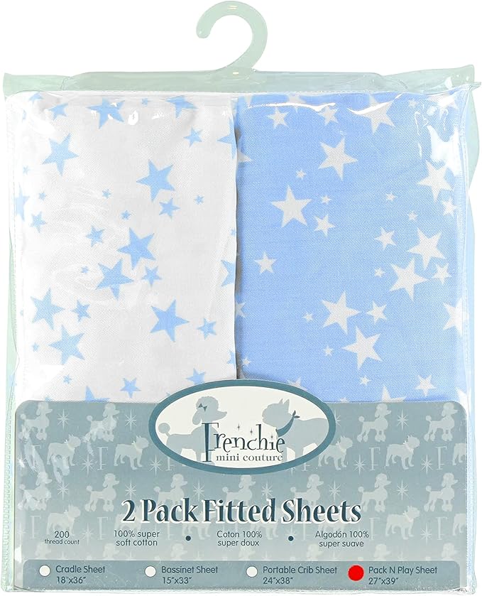 Frenchie Mini Couture Fitted Pack n Play Sheets,100% Cotton Standard Mattress, Blue Stars, 27 x 39in, 2-Pack