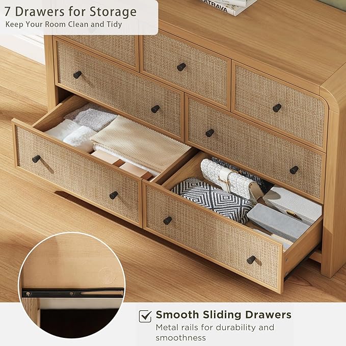 Oak&Sparrow 7 Drawer Dresser for Bedroom, 49'' Rattan Dresser with Ample Storage, Boho Chest of Drawers, Thickened Curved Profile Design, Oak Dressers for Bedroom, Living Room
