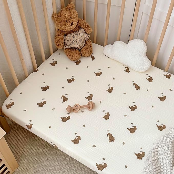 BuLuTu Muslin Cotton Crib Sheets Neutral Baby Boys Girls, 2 Pack Fitted Sheets for Standard Mattress 52"x28", Cute Animal Print Toddler Bed Sheet Nursery Decor, Bear & Duck