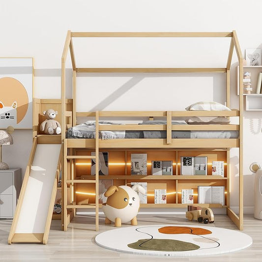 Playful Twin Size Wood House Loft Bed with Slide and Climbing Ramp, Multiple-Function Low Loft Bed Frame with Storage Shelves and Light for Kids Teens Boys Girls Bedroom (Wood-C)