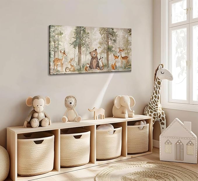 Woodland Animal Nursery Canvas Wall Art Wild Animals Forest Paintings Pictures Wall Decor Fox Bear Deer Watercolor Poster Print Artwork for Boys Room Girls Room Home Decoration （Framed）