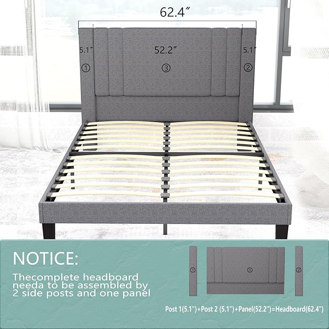 Tyndall Queen Size Bed Frame, Linen Fabric Upholstered Platform with Headboard