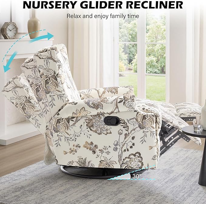 UIXE Floral Swivel Glider Recliner Chairs Set of 2, High Back Nursery Rocker Fabric Accent Chair for Living Room, Rivet Trim Upholstered Armchair Manual Reclining Sofa Seating - Beige Plants