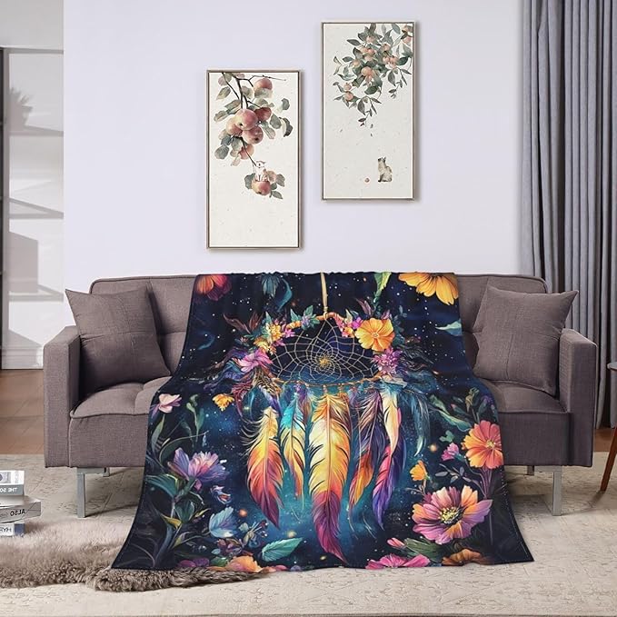 Dream Catcher Blanket Floral Feather Decor Throw Blanket Super Soft Flannel Lightweight Fluffy Plush Cozy Fuzzy Fleece Gifts Blanket for Girl Woman Man Boys Kids Adults for Bed Sofa 60"X80"