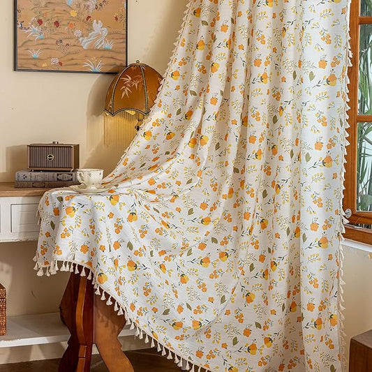 OYX Yellow Boho Pattern Floral Curtains 63 Inch Length 2 Panels for Living Room, Bedroom Light Filtering Drapes, Vintage Country French Tassels Patterned Rod Pocket Aesthetic Decor Window Treatments