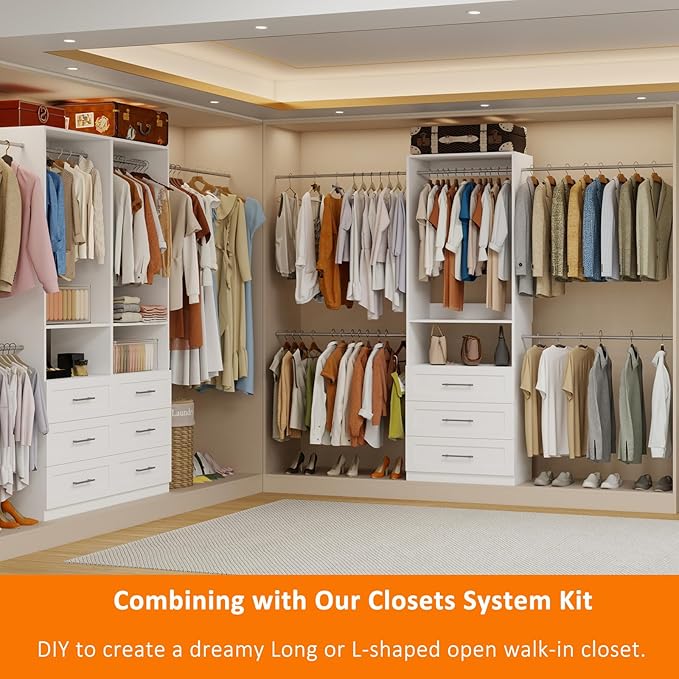 4–8FT Closet System with 3 Wood Drawers, Closet Organizer System with 5 Stainless Steel Rods, Modular Walk-in Closet System with Shelves, Wall Mounted Built-in Closet Organization System