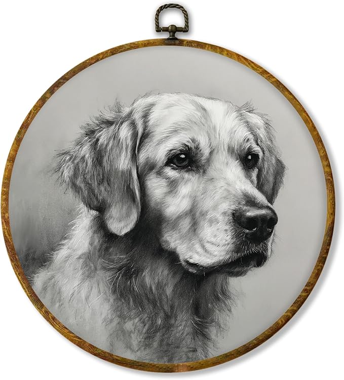 Hiuwevt Vintage Golden Retriever Round Wall Art Decor, Golden Retriever Gifts for Women Framed Canvas Prints, Dog Round Wall Hanging Decor for Home Bedroom Living Room Decorations, 10x10 Inches