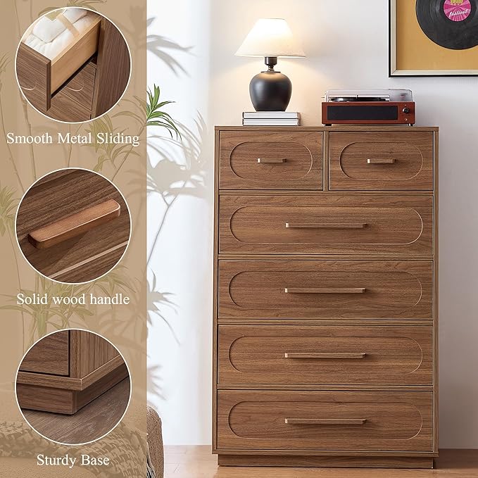 Walnut 6 Drawer Dresser for Bedroom, 44" Tall Dressers & Chest of Drawers with Solid Wood Handle, Wood Storage Dressers Organizer for Bedroom, Living Room