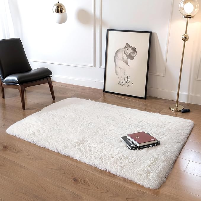 Thick Area Rug 5x7 Cream White Fluffy Shag for Girl Bedroom,Ultra Soft Plush Fuzzy Washable Thickened Non-Slip Floor Carpet,Modern Furry Shaggy Rug for Living Room Nursery Kids Boy Dorm,Ivory