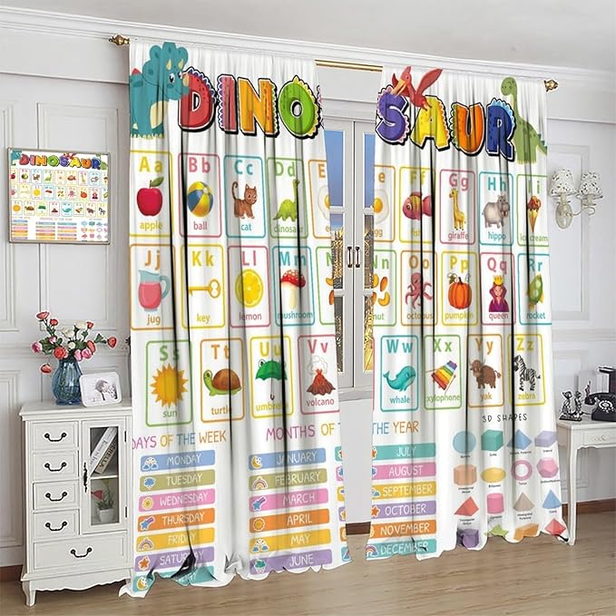 Funny Kids Alphabet Curtain, Cartoon Animal Alphabet Learning Dinosaur Boys Kids Students Baby Educational Colorful Blackout Window Treatments for Bedroom Living Room School 63" W X 72" L