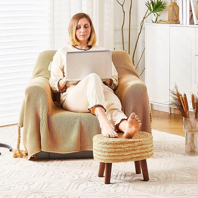 Cpintltr Round Ottoman Natural Seagrass Footstool Hand Weave Water Hyacinth Poufs Eco Friendly Sofa Foot Stool Soft Step Stool Padded Foot Rest with Pine Legs for Living Room (White and Solid)
