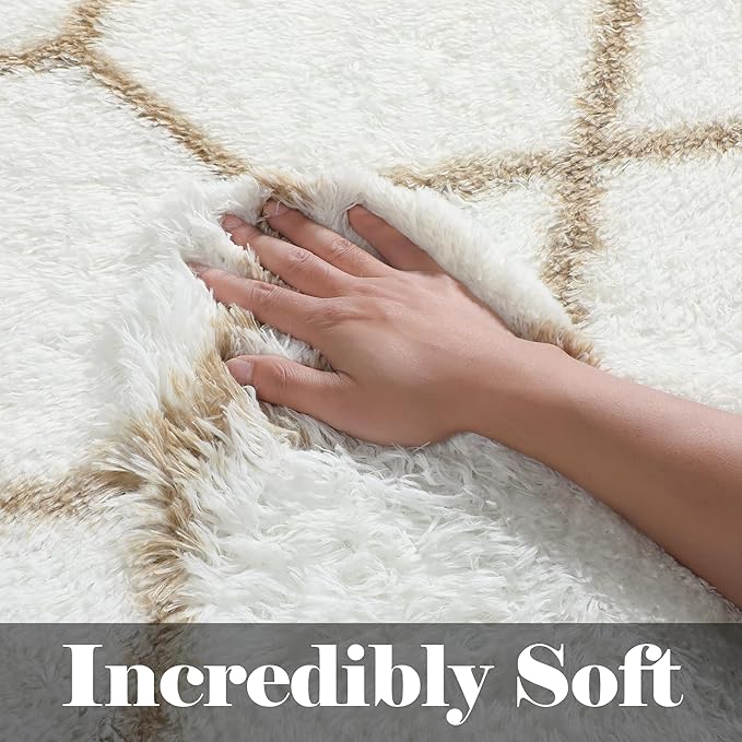ONASAR 5x7 Area Rugs for Living Room Bedroom, Washable Fluffy White and Beige Faux Fur Bedside Rug, Geometric Boho Soft Plush Shaggy Floor Carpet Mat for Nursery Kids Girls Teen Dorm Home Decor