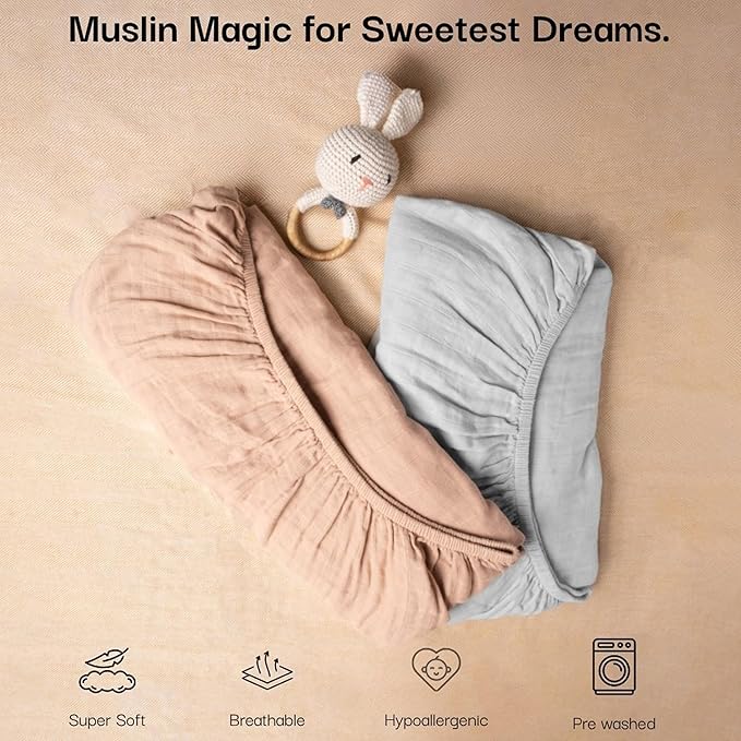 Salt Earth 100% Organic Cotton Muslin Standard Fitted Crib Sheet,52"x28", 2 Pack Soft Breathable Natural Cotton Sheets Baby Mattress Bed Sheets, No Slip Neutral Baby Crib Sheet (Beige & Silver)