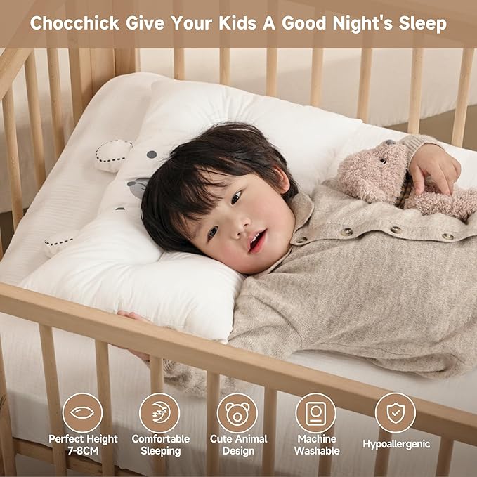 Choc chick Toddler Pillow,20X14inches Machine Washable Soft Hypoallergenic Kids Pillows,Child Cute Animal Perfect Toddler Pillows for Sleeping 2 Year Old (Bear)