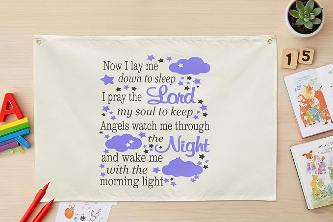 Rectangular Banner Flag Wall Decor for Baby Kids Boy-Nursery Baby Above Crib Bedroom Door Decorations-Baby,Shower Birthday Christmas Gift-Now I Lay Me Down to Sleep,I Pray the Lord My Soul to Keep