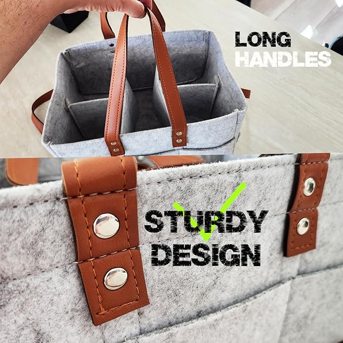 Felt Diaper Caddy Organizer, Portable Nursery Basket for Diapers, Caddy for Baby Stuff Storage, Baby Shower Must Haves Gift, Grey Felt for Changing For Car, Long Handles (Beige Desert)