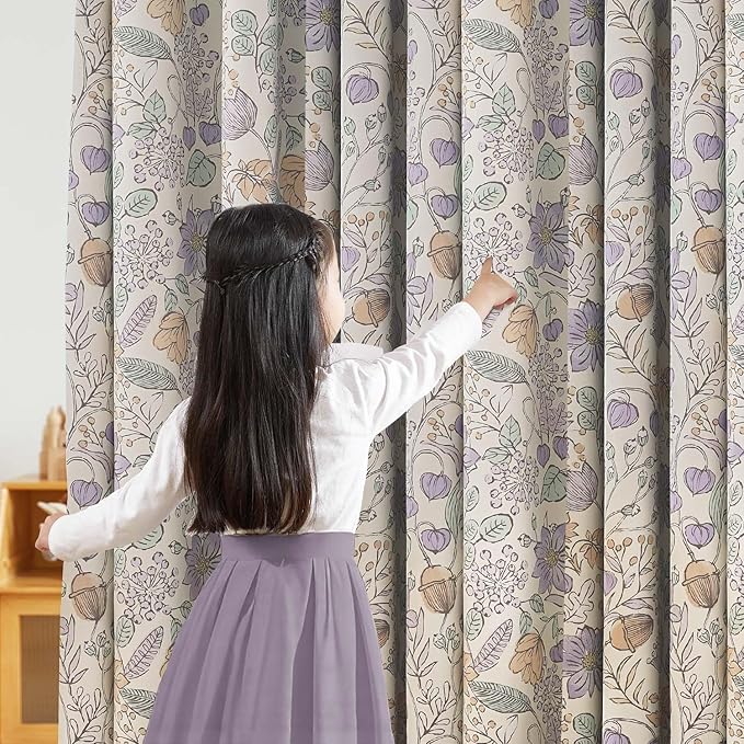 jinchan Nursery Curtains 95% Blackout Purple Floral Curtains for Girls Room, 84 Inch Length Farmhouse Drapes for Bedroom Living Room Darkening Window Treatment Grommet Top Set of 2 Panels