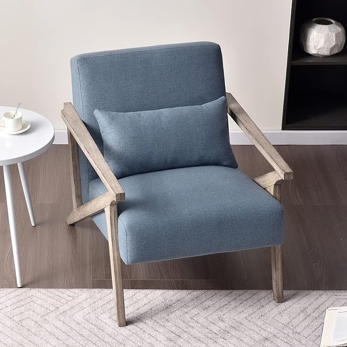 INZOY Mid Century Modern Accent Chair Set of 2 with Wood Frame, Upholstered Armchair with Waist Cushion, Accent Chair for Living Room Bedroom Apartment, Easy Assembly, Blue