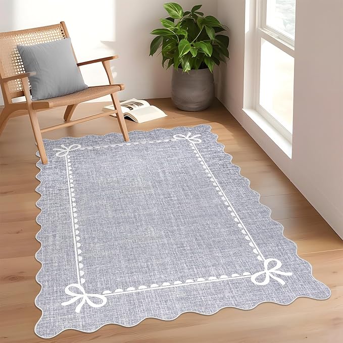 GarveeHome Scalloped Bow Rug for Living Room, Solid Grey Rug for Dorm, Washable Rugs 3x5 Soft Low Pile Non Slip Scalloped Rugs for Nursery Bedroom Decor Hallway Kids Room Playroom