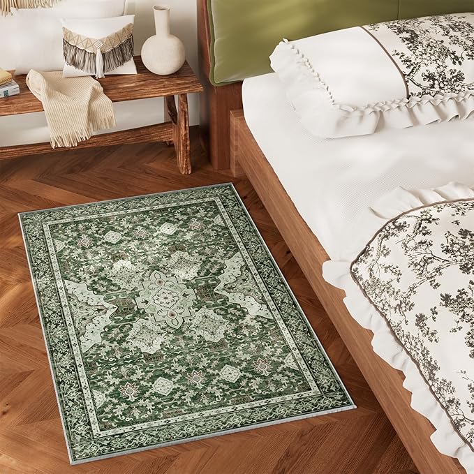 AMTOVO 2x3 Washable Entryway Area Rug Door Mat, Vintage Boho Distressed Print Pattern Non-Slip Carpet, Small Throw Rug for Indoor Entrance Kitchen Bedroom Bathroom Laundry Floor, Dark Green