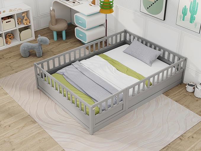 GDFStudio Full Size Floor Bed Frame with Door & Guardrails, Toddler Full Bed Frame for Boys Girls, Low to Floor Wooden Bed Rails for Toddlers, Montessori Floor Bed for Baby, No Support Slat, Grey