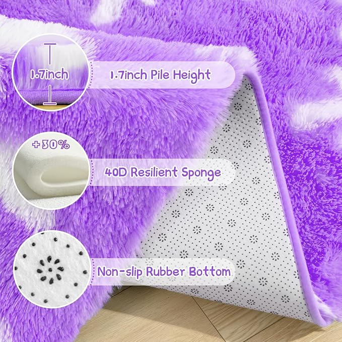 EVOIONOS Round Purple Rugs for Girl Bedroom, 4x4 Feet Fluffy Circle Purple Snowflake Rug for Room Decor, Circular Plush Snowflake Carpet for Kids Room Playroom Nursery Decor, Cute Snowflake Rug