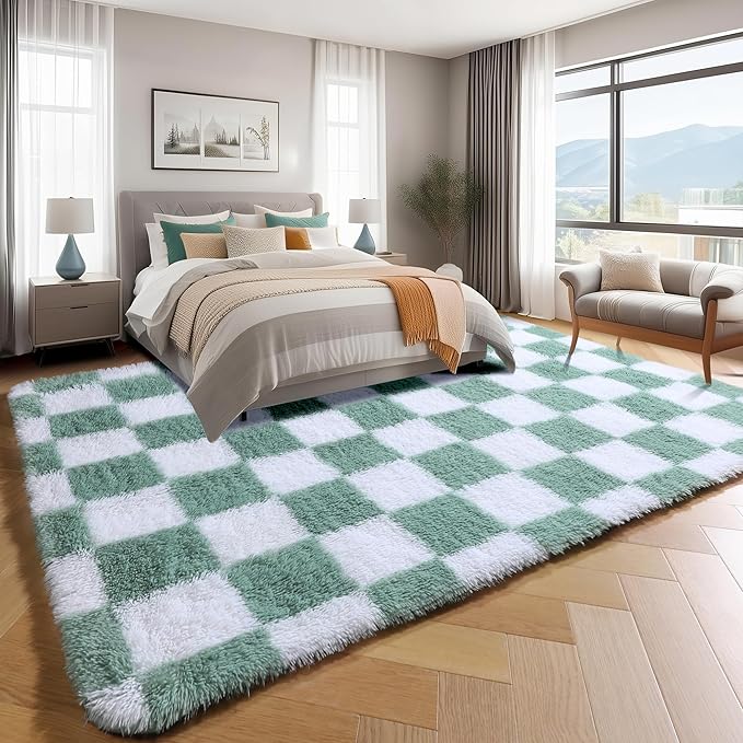 KICMOR 4x6 Rug for Bedroom Living Room, Fluffy Sage Green and White Checkered Area Rugs, Fuzzy Shag Shaggy Floor Carpet Soft Plush Checkerboard Rug for Children Kids Boys Room, Nursery, Classroom