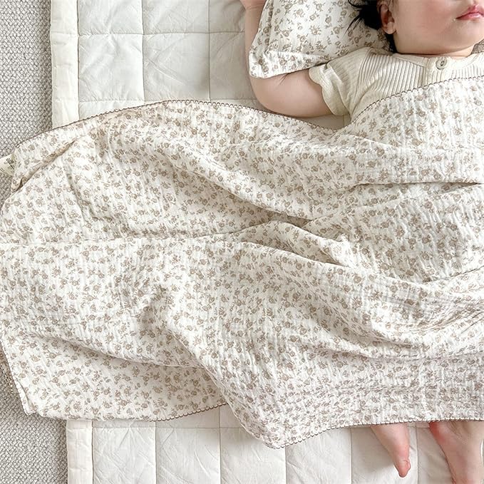 BuLuTu 4 Layer Toddler Blanket 100% Cotton Muslin Bed Blankets for Kids,Girls,Boys, Designed with Cute Camellia Flowers Lightweight Thermal Baby Blanket, Super Soft and Warm Crib Blanket, 47x51