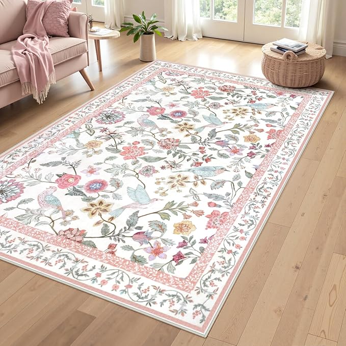 Floral Washable 5x7 Area Rug, Soft Non-Slip Pink Rugs for Girls Bedroom Low Pile Flower Birds Living Room Rug, Non-Shedding Botanical Indoor Carpet for Nursery Playroom Dining Room