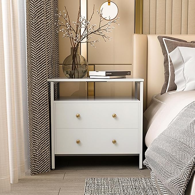 27 inch Wide Night Stand Set 2 with Charging Station, Bedside Table with Open Shelf, 2 Drawers Small Wood Dresser, Modern Wood Nightstand for Bedroom/Living Room (White)