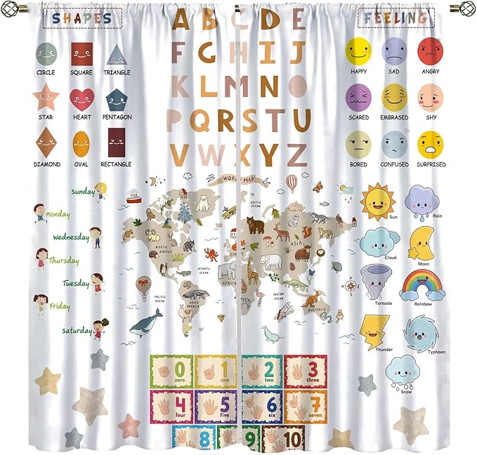 Kids Educational Curtain,Pastel ABC Alphabet Continents Map Numbers Shapes Weather Learning Tools Boy Girl Nursery Rod Pocket Blackout Window Treatments for Bedroom Living Room 63" W X 72" L