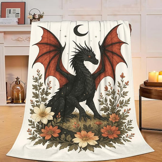 Black Dragon Blanket Floral Dragon Throw Blanket Soft Cozy Fleece Fuzzy Stuffed Plush Flannel Gifts for Girls Women Boys Kids Adults 50"X60"