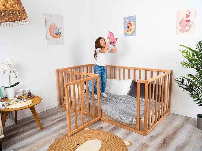 Montessori Bed for Toddlers with 31.4" Rails, Made in Europe Floor Bed for Kids from Alder Wood, 7 Colors Toddler Play Pen, Water Based Paint, 5 Sizes Wood Playpen for Toddler Playroom (Model 6.3)