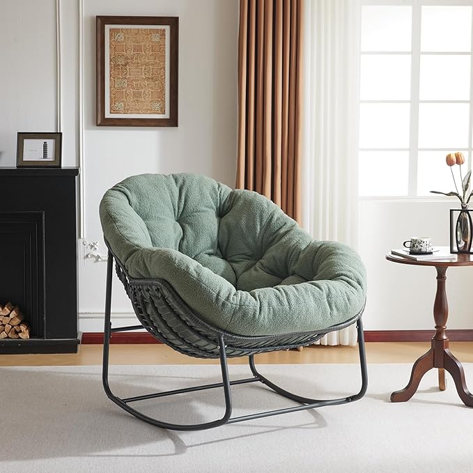 Oversized Outdoor Papasan Rocking Chair with Soft Cushion, Comfy Patio Egg Chair, Wicker Lounge Rocker for Balcony/Porch/Garden, Reinforced All Weather Rattan Frame, 330 lbs Support, Hunter Green