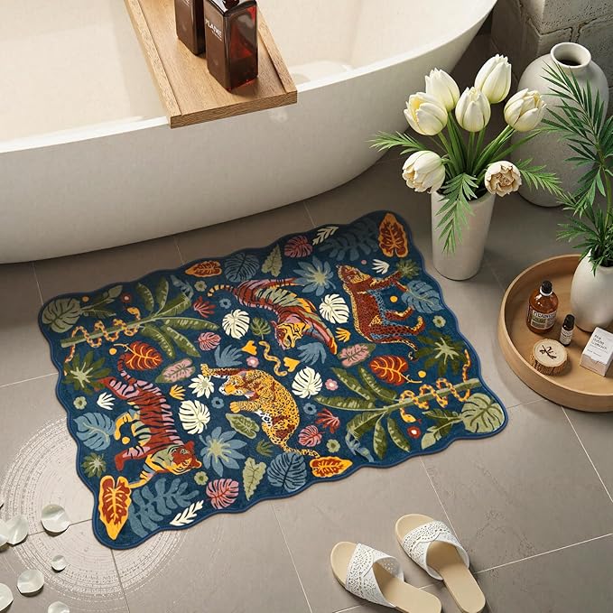 LEEVAN Washable Tiger Rug 2x3 Bathroom Rugs Non Slip Scalloped Blue Entryway Mat Leopard Front Door Mat Low Pile Rug Pad for Porch Soft Jungle Laundry Mat