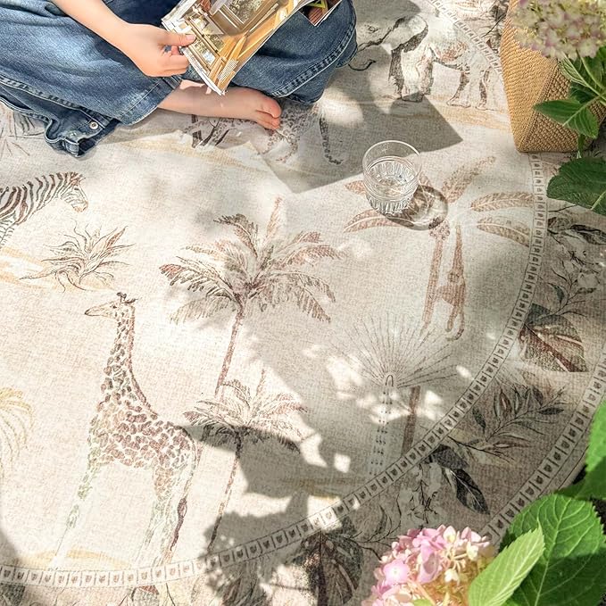 jinchan Round Rug 6ft Beige Jungle Animals Print, Machine Washable 6' Circle Modern Soft Non-Slip Forest Plant Throw Area Rug, Low Pile Carpet for Living Room Bedroom Dining Room Kids Room Playroom
