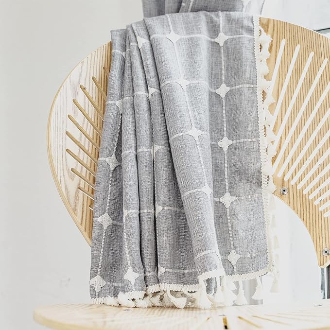 Deeprove Gray Boho Plaid Curtains 72 inch for Home Office Kitchen Nursery, Semi Blackout Casual Farmhouse Tassels Window Treatment Bohemian Embroidery Drape Rod Pocket 1 Panel 52 W x72 L, Grey