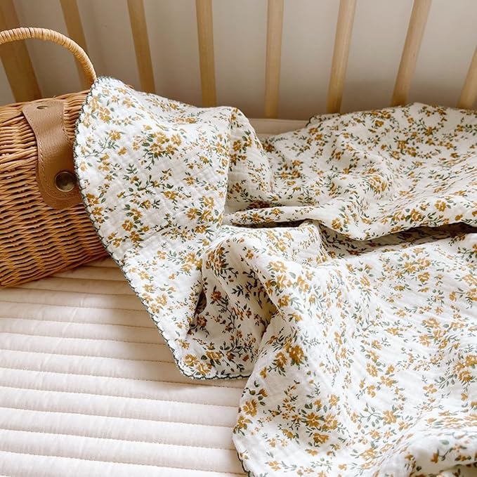 BuLuTu 4 Layer Toddler Blanket 100% Cotton Muslin Bed Blankets for Kids,Girls,Boys, with Cute Hibiscus Flowers Pattern Lightweight Thermal Baby Blanket, Super Soft Warm Crib Blanket, 47x51