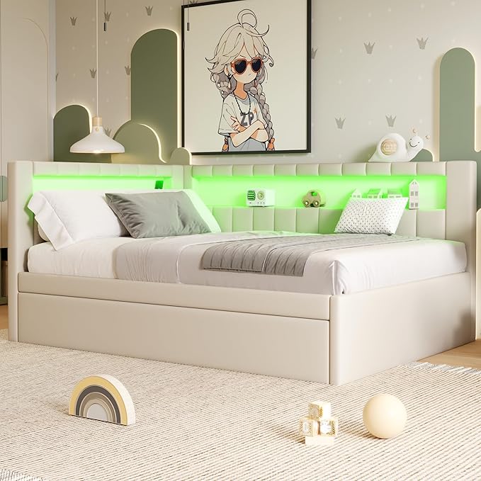 Full Size Daybed with Trundle and L-Shaped Bookshelf Headboard, Linen Upholstered Soft Corner Bed with Storage Shelves, Charging Station and LED Belt for Kids Boys Girls, White