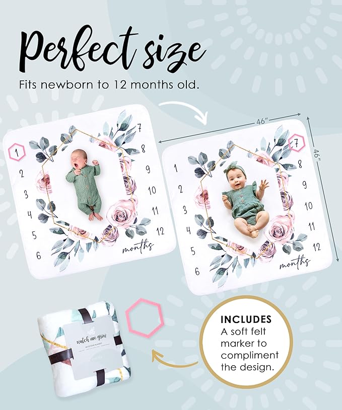 Baby Monthly Milestone Blanket for Girls- Soft Thick Fleece 46"x46" - Perfect Photo Growth Chart for First 12 Months - Extra Cozy for Pictures, Creating Monthly Memories - Soft Floral Design