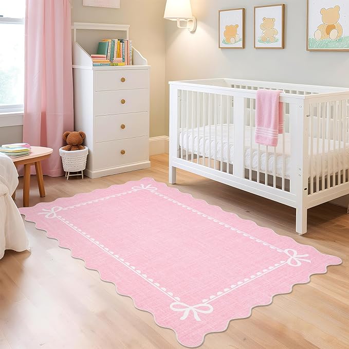 GarveeHome Scalloped Bow Rug for Living Room, Solid Pink Rug for Dorm, Washable Rugs 4x6 Soft Low Pile Non Slip Scalloped Rugs for Nursery Bedroom Decor Hallway Kids Room Playroom
