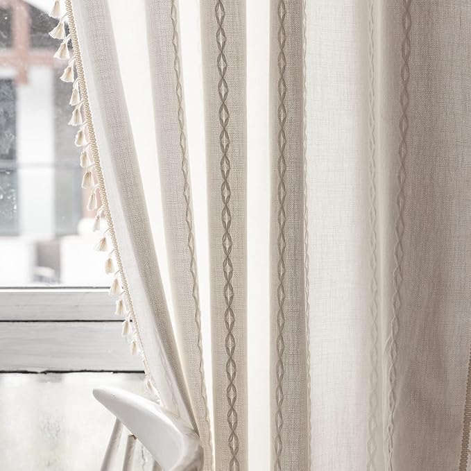 Deeprove White Boho Curtains 63 inches Length for Nursery Bedroom Christmas Decor, Bohemian Embroidery Farmhouse Cream Tassel Cotton Linen French Country Window Treatments, W52 x L63, 1 Panel