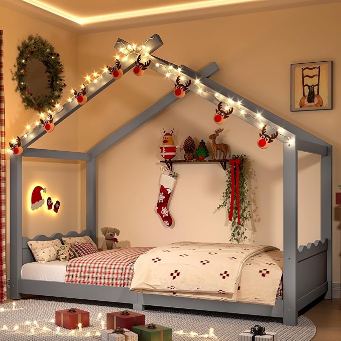 Twin Size Wooden House Floor Bed - Kids Bed Frame with Roof & Support Slats for Bedroom, No Box Spring Needed, Easy Assembly (Grey)