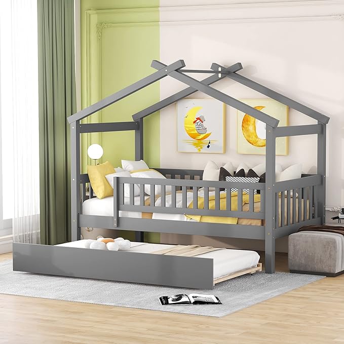 Merax Twin Size Wooden House Bed with Twin Size Trundle, Wood Bed Frame with Roof and Safety Guardrail for Kids, Teens, Boys or Girls, Grey