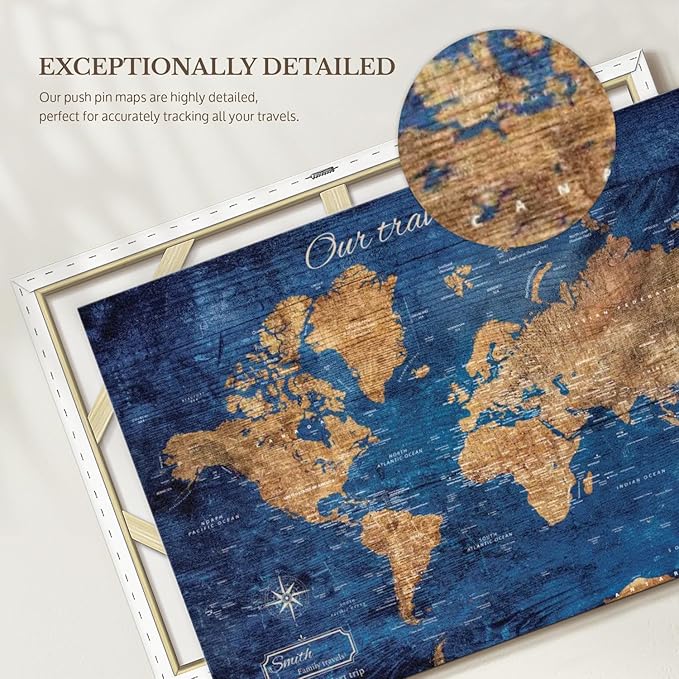 ElephantStock - Personalized Our Travel I Push Pin World Map Wall Art - Horizontal Canvas Wall Art - Living Room Wall Decor - Digital Art Map Canvas Art - Brown And Blue Decor - 39" x 26"