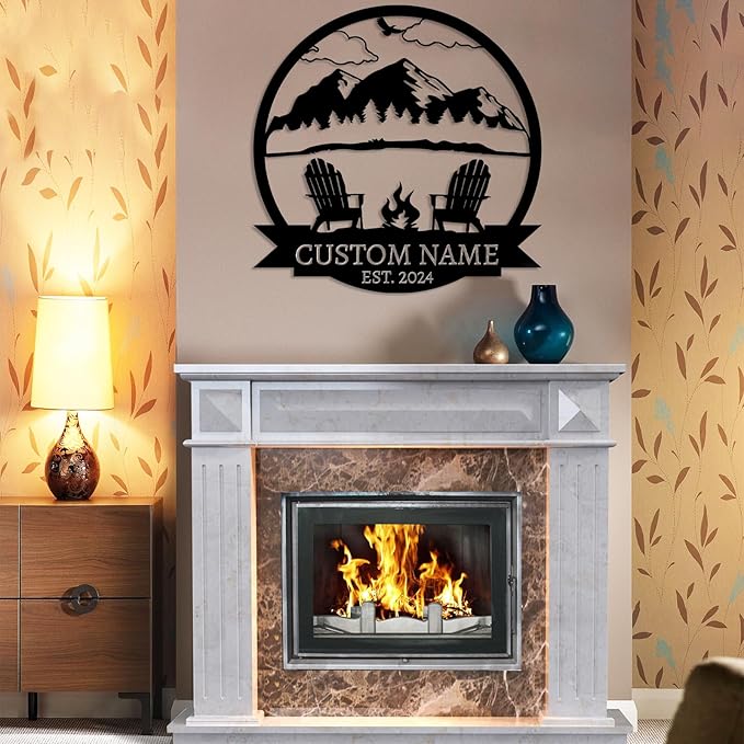 Personalized Camping Signs | Custom Metal Family Name Sign | Mountain Campfire Sign | Metal Mountain Wall Art | Custom Signs Outdoor Metal | Black Metal Wall Art | Cabin Decor