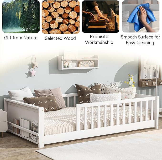 Twin Toddler Floor Bed with High Rails, Wooden Montessori Bed Frame with Built-in Book Rack, Twin Size Bed Frame for Kids, Boys and Girls, White