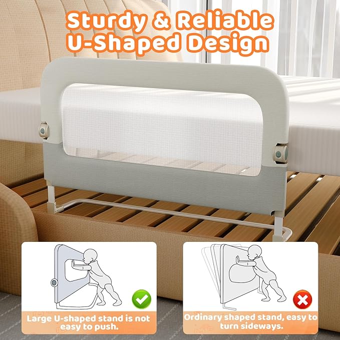 Bed Guard Rail for Toddlers - 32inch Folding up & Adjustable Heights Baby Bed Safety Rails - Portable Toddler Bed Barrier Railing Guard for Kids Twin, Bunk, Queen, Full Size Bed