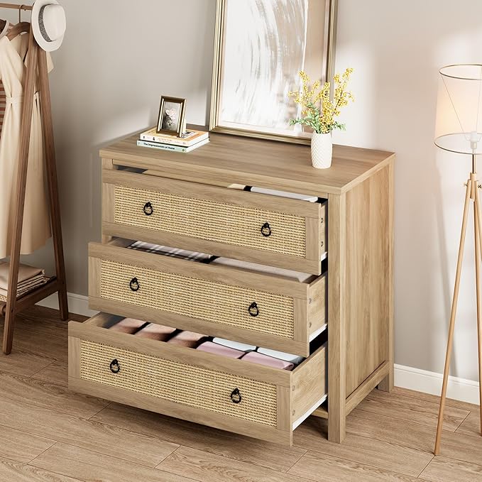 IDEALHOUSE Rattan Dresser for Bedroom, Chest of Dressers 29" Tall Dresser for Closet with 3 Rattan Drawers Chest with Clothes Storage Cabinet, Drawer Organizer for Bedroom, Living Room, Hallway