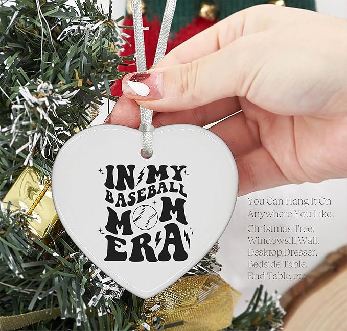 Heart Shaped Christmas Ornament-Baseball Mom Gift-Game Day Keepsake for Mother Mama-Sports Coach Appreciation Present-Birthday or Mother's Day Ceramic Ornament-Home Decor in My Baseball Mom Era